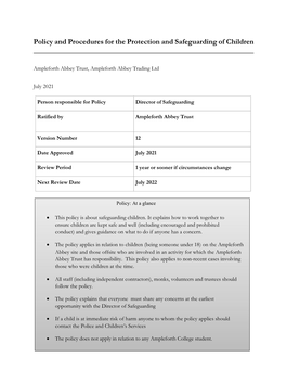 Policy and Procedures for the Protection and Safeguarding of Children