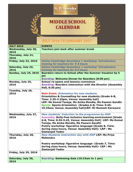 Middle School Calendar