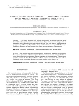 First Record of the Mosasaur Platecarpus Cope, 1869 from South America and Its Systematic Implications