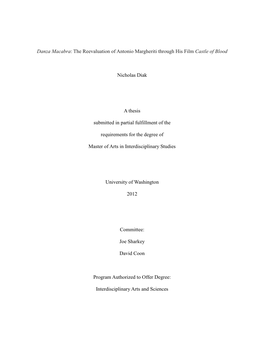 Danza Macabra: the Reevaluation of Antonio Margheriti Through His Film Castle of Blood Nicholas Diak a Thesis Submitted in Parti