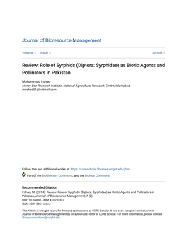 Role of Syrphids (Diptera: Syrphidae) As Biotic Agents and Pollinators in Pakistan