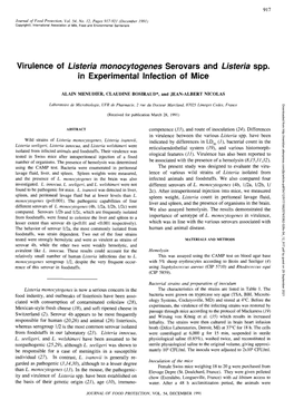 Virulence of Listeria Monocytogenes Serovars and Listeria Spp. in Experimental Infection of Mice