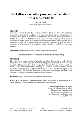 Periodismo Narrativo Peruano Como Territorio De La Subalternidad