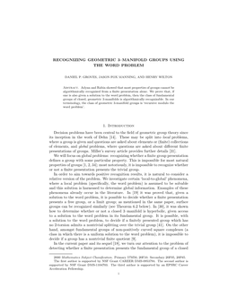 RECOGNIZING GEOMETRIC 3–MANIFOLD GROUPS USING the WORD PROBLEM 1. Introduction Decision Problems Have Been Central to the Fiel