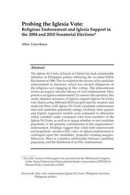 Probing the Iglesia Vote: Religious Endorsement and Iglesia Support in the 2004 and 2010 Senatorial Elections*