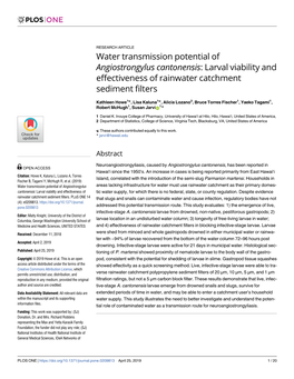 Angiostrongylus Cantonensis: Larval Viability and Effectiveness of Rainwater Catchment Sediment Filters