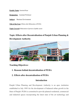 Topic: Effects After Decentralisation of Punjab Urban Planning &