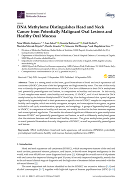 DNA Methylome Distinguishes Head and Neck Cancer from Potentially Malignant Oral Lesions and Healthy Oral Mucosa