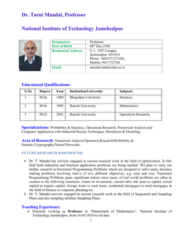 Dr. Tarni Mandal, Professor National Institute of Technology Jamshedpur