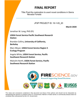FINAL REPORT Title: Post-Fire Restoration to Avert Novel Conditions in Sierra Nevada Forests