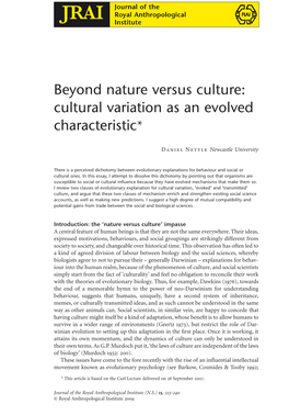 Beyond Nature Versus Culture: Cultural Variation As an Evolved Characteristic*