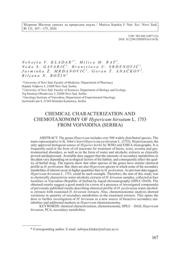 CHEMICAL CHARACTERIZATION and CHEMOTAXONOMY of Hypericum Hirsutum L