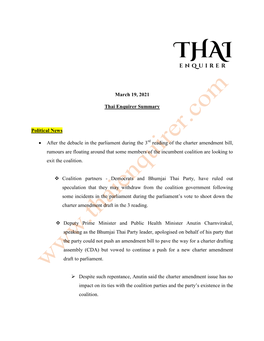 March 19, 2021 Thai Enquirer Summary Political News • After The