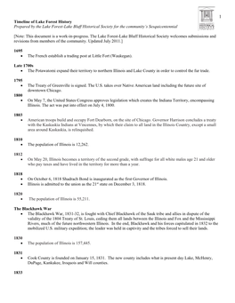 Timeline of Lake Forest History Prepared by the Lake Forest-Lake Bluff Historical Society for the Community’S Sesquicentennial