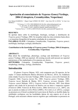Aportación Al Conocimiento De Vesperus Gomezi Verdugo, 2004 (Coleoptera, Cerambycidae, Vesperinae)