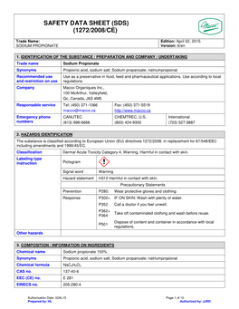 Safety Data Sheet (Sds) (1272/2008/Ce)