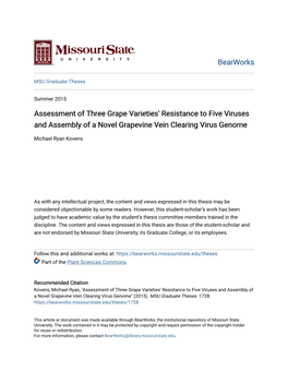 Assessment of Three Grape Varieties' Resistance to Five Viruses and Assembly of a Novel Grapevine Vein Clearing Virus Genome