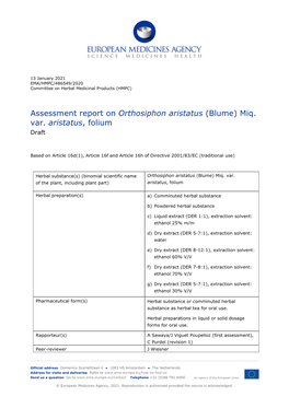 Draft Assessment Report on Orthosiphon Aristatus (Blume)