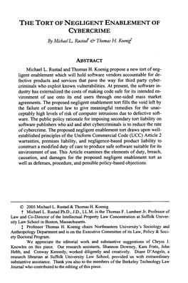 THE TORT of NEGLIGENT ENABLEMENT of CYBERCRIME by Michael L Rustadt & Thomas H