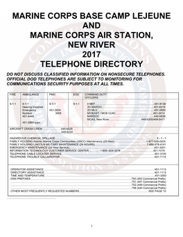 Marine Corps Base Camp Lejeune and Marine Corps Air Station, New River 2017 Telephone Directory