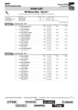 START LIST 100 Metres Men - Round 1 First 3 in Each Heat (Q) and the Next 3 Fastest (Q) Advance to the Semi-Final