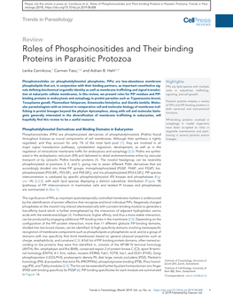 Roles of Phosphoinositides and Their Binding Proteins in Parasitic Protozoa, Trends in Para- Sitology (2019)