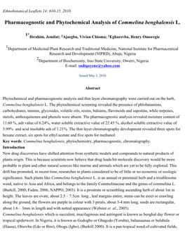 Pharmacognostic and Phytochemical Analysis of Commelina Benghalensis L