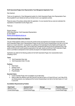 North Queensland Rugby Union Representative Team Management Application Form