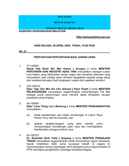 Malaysia Dewan Rakyat Aturan Urusan