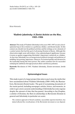 Vladimir Jabotinsky: a Zionist Activist on the Rise, 1905–1906