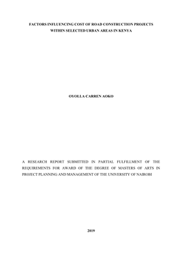 Factors Influencing Cost of Road Construction Projects Within Selected Urban Areas in Kenya