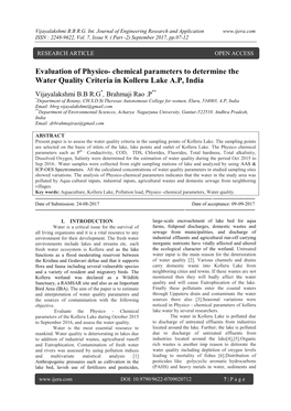 Evaluation of Physico- Chemical Parameters to Determine the Water Quality Criteria in Kolleru Lake A.P, India