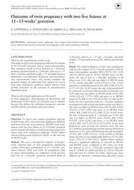 Outcome of Twin Pregnancy with Two Live Fetuses at 11–13 Weeks' Gestation