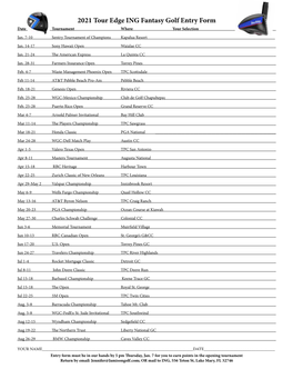 2021 Tour Edge ING Fantasy Golf Entry Form Date Tournament Where Your Selection