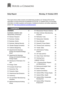Daily Report Monday, 21 October 2019 CONTENTS