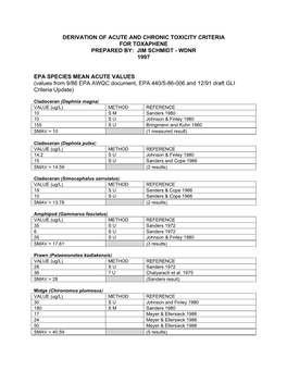 Derivation of Acute and Chronic Toxicity Criteria for Toxaphene Prepared By: Jim Schmidt - Wdnr 1997