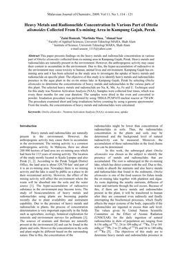 Heavy Metals and Radionuclides Uptake by Ottelia Alismoides