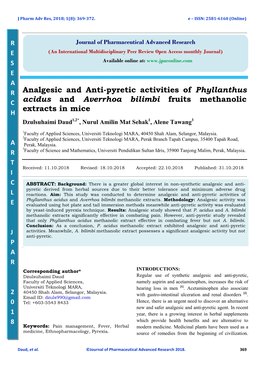 Analgesic and Anti-Pyretic Activities of Phyllanthus Acidus and Averrhoa Bilimbi Methanolic Extracts