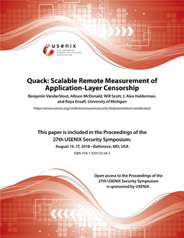 Scalable Remote Measurement of Application-Layer Censorship Benjamin Vandersloot, Allison Mcdonald, Will Scott, J