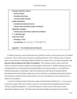 Coordinate Systems CS 1 Concepts of Primary Interest: the Line Element