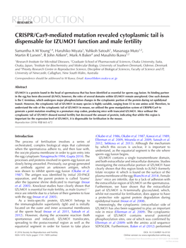 CRISPR/Cas9-Mediated Mutation Revealed Cytoplasmic Tail Is Dispensable for IZUMO1 Function and Male Fertility