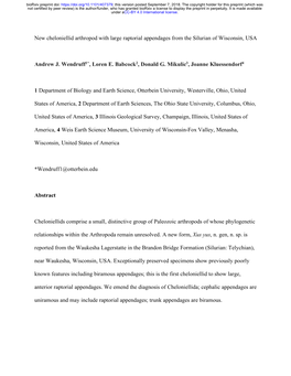 New Cheloniellid Arthropod with Large Raptorial Appendages from the Silurian of Wisconsin, USA