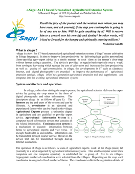 E-Sagu: an IT Based Personalized Agricultural Extension System a Research Project of IIIT, Hyderabad and Media Lab Asia