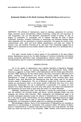 Systematic Studies of the North American Microhylid Genus Gastrophryne