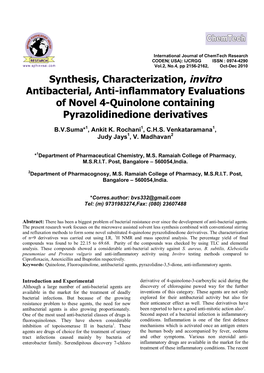 Synthesis, Characterization, Invitro Antibacterial, Anti-Inflammatory Evaluations of Novel 4-Quinolone Containing Pyrazolidinedione Derivatives