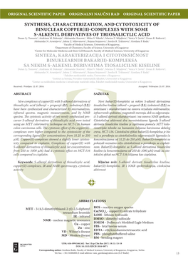 Synthesis, Characterization, and Cytotoxicity of Binuclear Copper Ii Complexes with Some S Alkenyl Derivatives of Thios