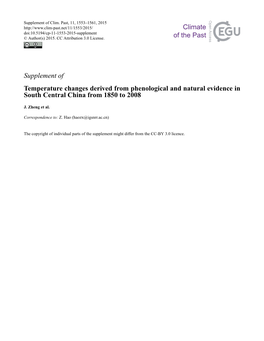 Supplement of Temperature Changes Derived from Phenological and Natural Evidence in South Central China from 1850 to 2008