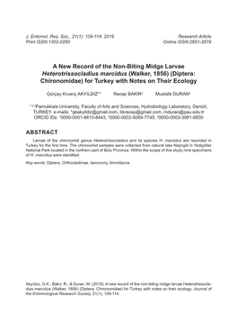 A New Record of the Non-Biting Midge Larvae Heterotrissocladius Marcidus (Walker, 1856) (Diptera: Chironomidae) for Turkey with Notes on Their Ecology