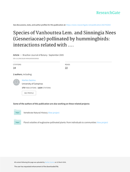 Species of Vanhouttea Lem. and Sinningia Nees (Gesneriaceae) Pollinated by Hummingbirds: Interactions Related with
