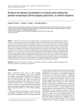 Evidence for Tolerance of Parasitism in a Tropical Cavity-Nesting Bird, Planalto Woodcreeper (Dendrocolaptes Platyrostris), in Northern Argentina